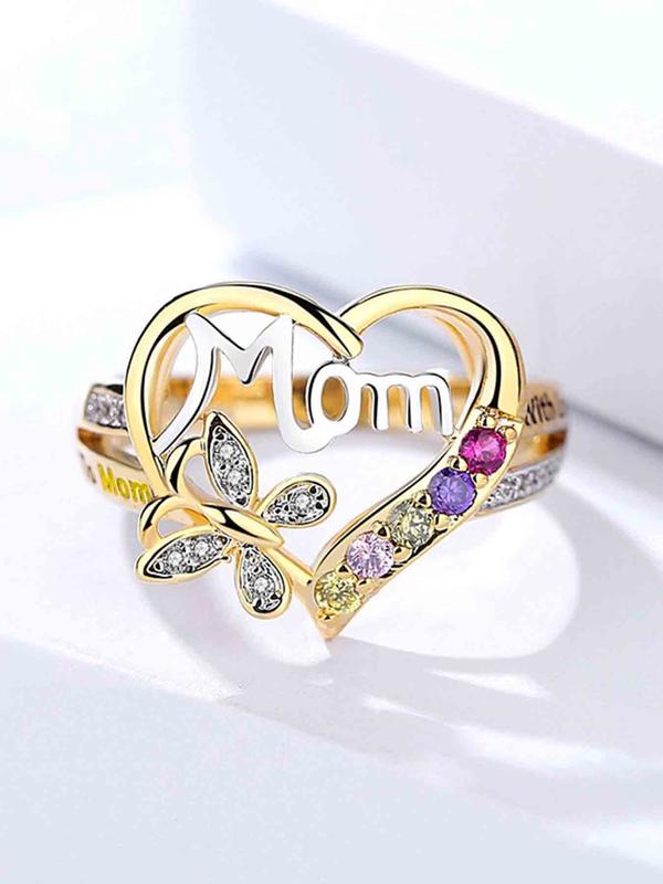 Women's Elegant Heart & Butterfly Design Rhinestone Decor Ring, Trendy Letters Design Ring, Stylish Vintage Jewelry As Gift