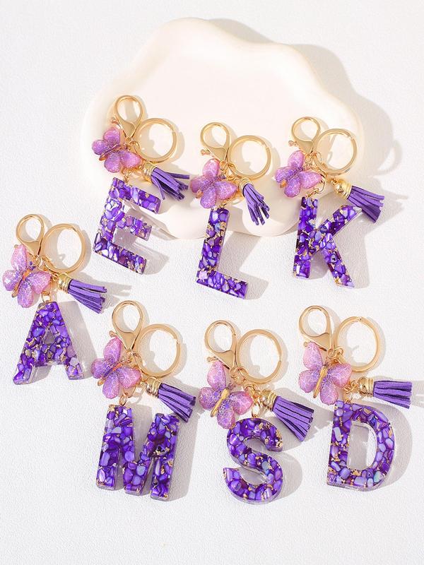 Initials & Butterfly & Fringe Design Keychain, Fashionable Purple Artificial Crystal Drop Glue Keychain for Women & Men, Trendy All-match Keychain for Birthday Gift