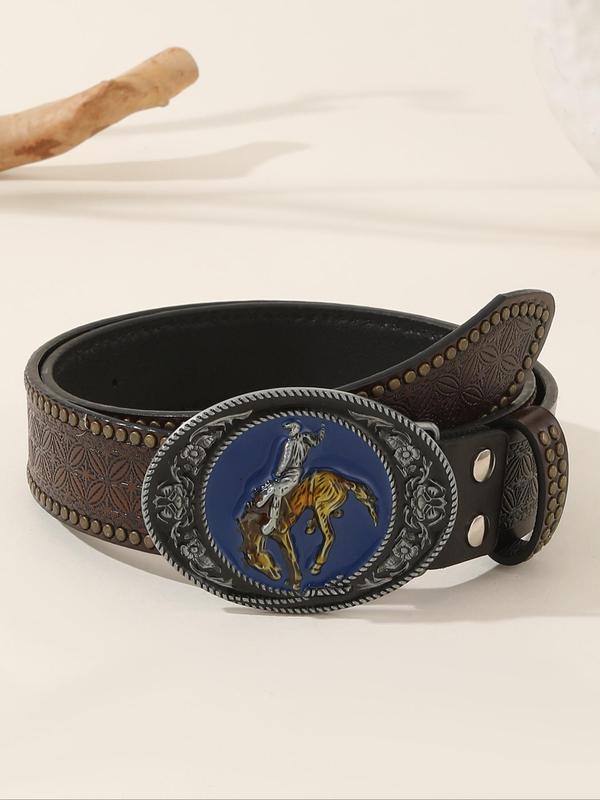 Western Cowboy Style Studded Decor Oval Buckle Belt, Fashionable PU Leather Belt for Men & Women, Casual Waistband for Jeans Trousers, Fashion Clothes Accessories