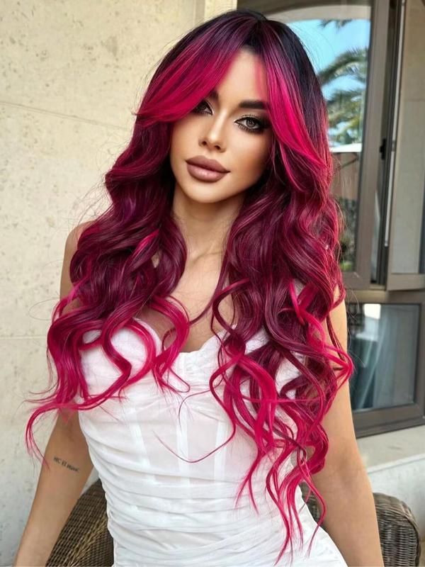 28 Inch Long Pink Wavy Wigs for Women, Gorgeous Fluffy Wigs with Curtain Bangs, Synthetic Full Machine Wigs for Party, Daily Use