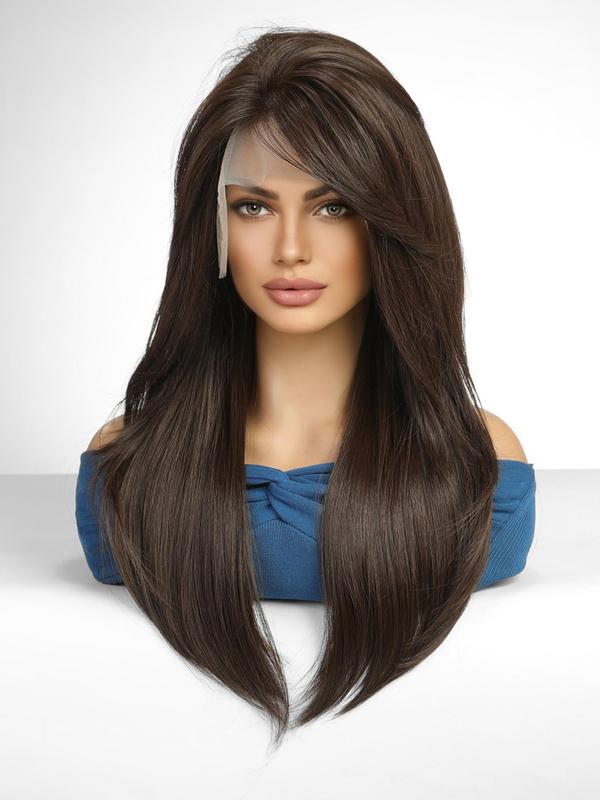 24 Inch Brown Long Straight Lace Front Wigs for Women, Natural Hairstyles Gorgeous Fluffy Layered Cut Wigs without Bangs, Synthetic Wigs for Party, Daily Use