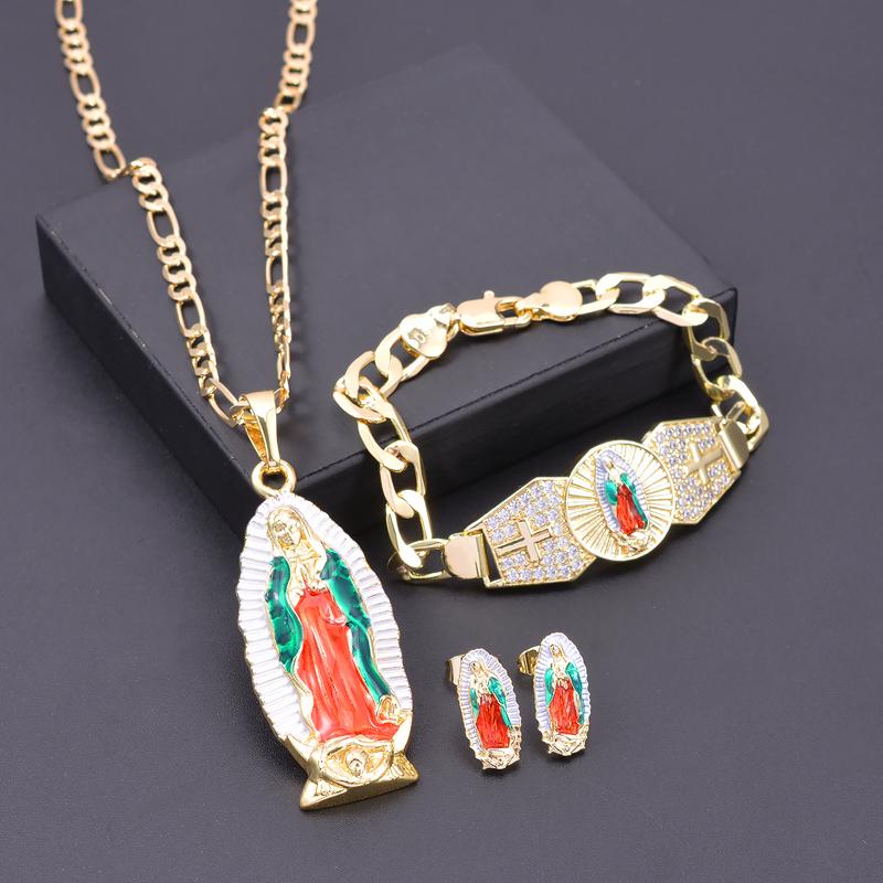 Jewelry set (bracelet + Pendant + necklace + pair of earrings) Mexican charm Guadalupe Religion Wear jewelry set, Madonna Festival celebration gifts, protect the blessing of jewelry gifts to men and women virgencita necklace