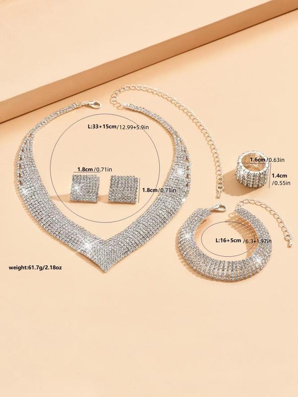 Women's Elegant Rhinestone Decor Jewelry Set, 5pcs set Chain Necklace & Bracelet & Ring & Stud Earrings, Exquisite Chic Jewelry Set As Gift for Girlfriend