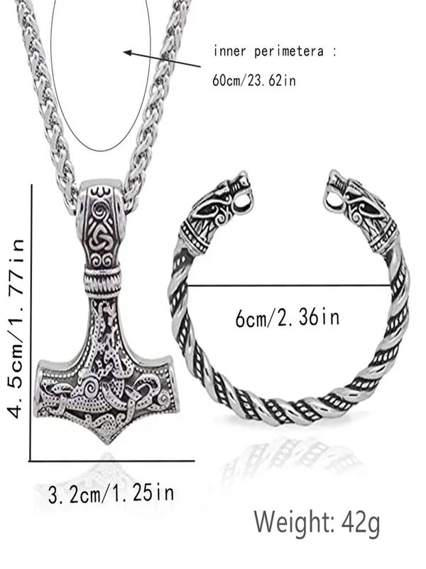 Viking Vintage Wolf Head Talisman Necklace & Bracelet Set, Nordic Hammer Pendant Necklace & Bracelet, Fashion Jewelry Set for Men & Women for Party, Daily Decor