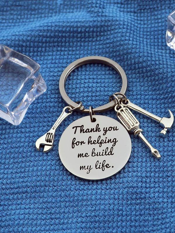 Round Shaped Letters Print Keychain with Screwdrivers & Hammer & Wrenches, Stainless Steel Keychain for Men & Women, Trendy Keychain