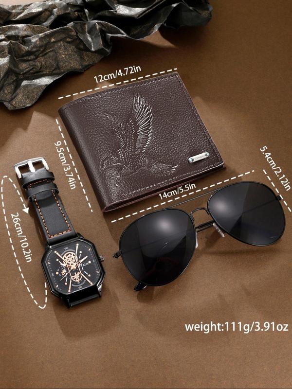 Men's Fashionable Casual Geometric Dial Analog Quartz Watch & Sunglasses & Eagle Textured Bifold Wallet Set, Fashion Watch Set for Party, Daily Decor, Trendy All-match & Exquisite Watch Set for Birthday Gift