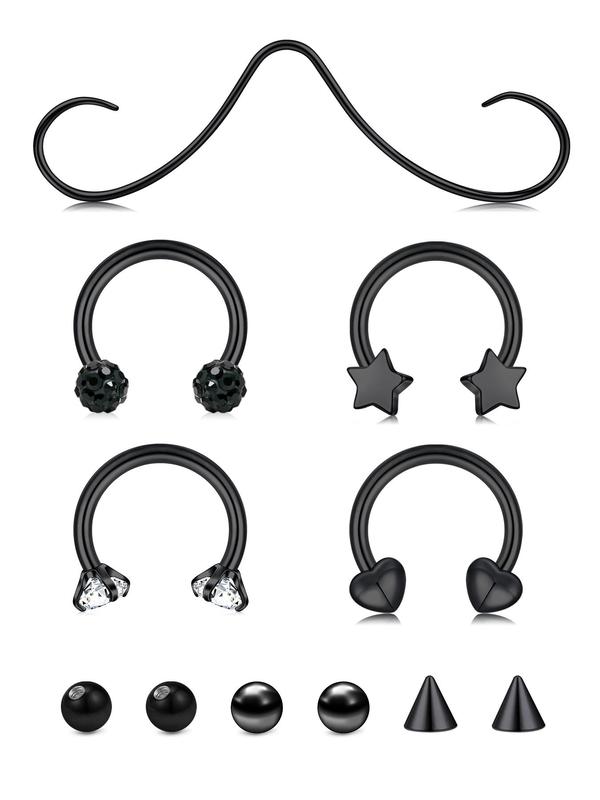 Unisex Nose Ring & Replacement Balls Kit, Rhinestone & Heart & Star Decor Nose Piercing Jewelry, Stainless Steel Nose Ring, Fashion Jewelry for Party, Daily Decor