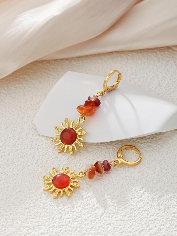 1 Pair Women's Fashion Elegant Sun Design Dangle Earrings, Vintage Stone Decor Drop Earrings For Women For Daily Party Gift