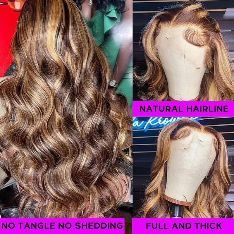 Lemoda 13x6 Full Lace Frontal Wig 180 Density Highlight Ombre 13x4 Lace Front Wig Human Hair Body Wave Transparent Lace Pre Plucked Honey Blonde Human Hair Wigs for Women P4 27 Color