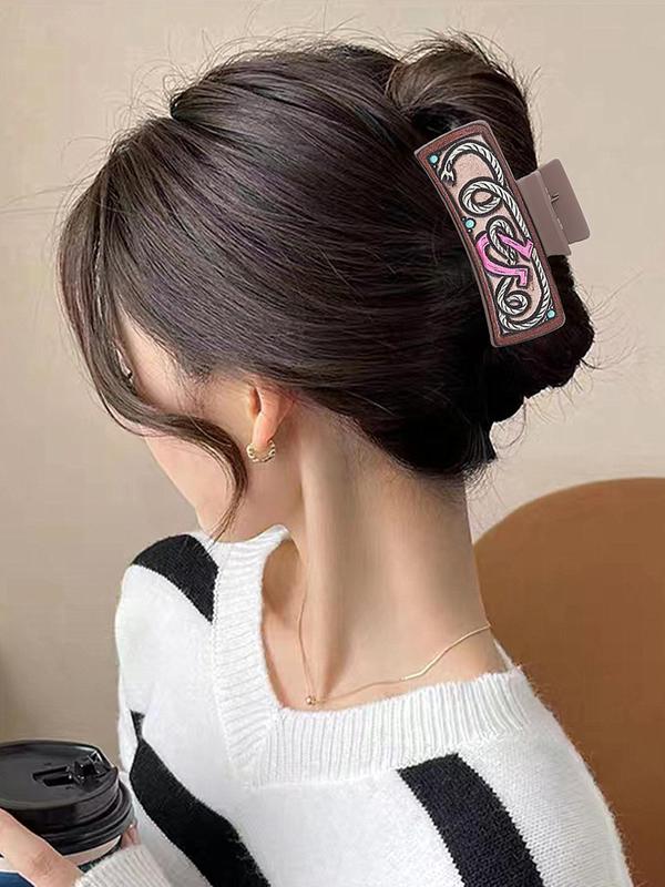 Western Colorblock Rectangle Hair Claw for Gift for Women, Geometric Design Easy Grasping Hair Accessories for Daily Use