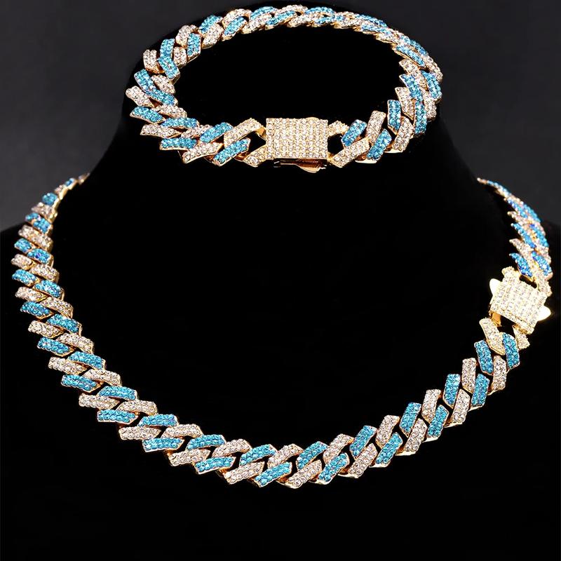 Hip Hop Men's Necklace with Bracelet Set Blue Rhinestone Street Fashion Rapper's Jewelry Chain Link Gift for Women and Men