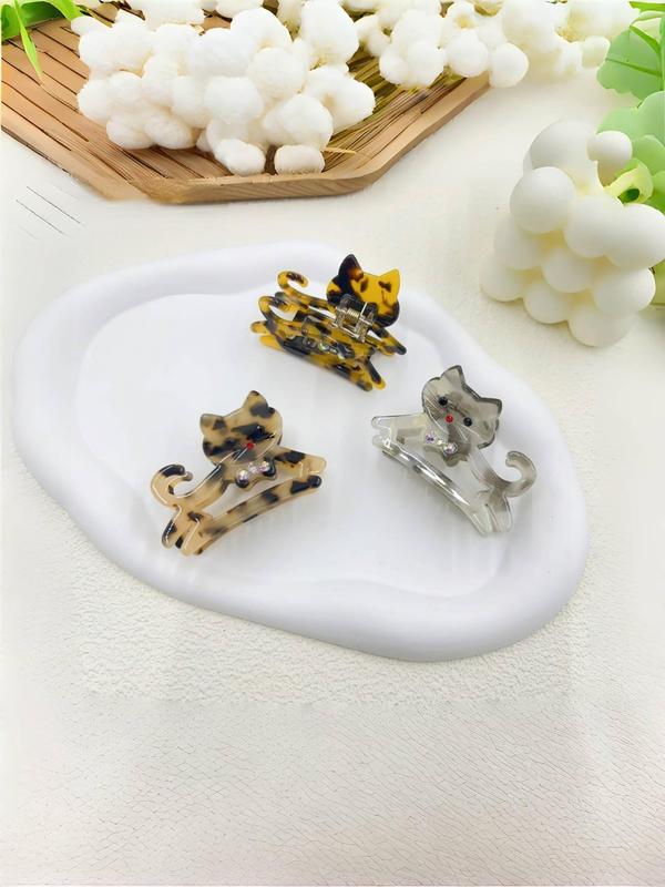 Cute Cat Design Hair Claws, Rhinestone Decor Hair Claws, Fashion Hair Accessories for Women & Girls, Minimalist Headwear Suitable for Thick Hair