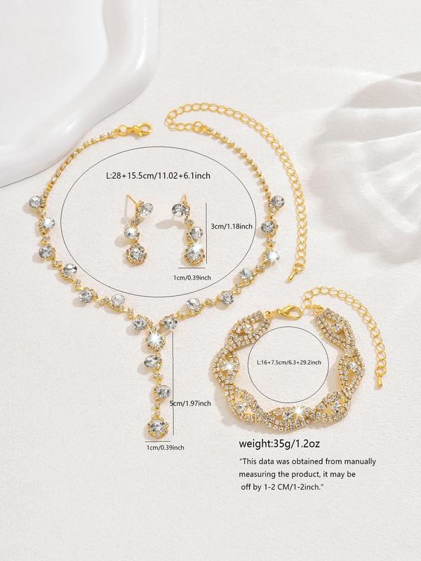 Women's Elegant Rhinestone Decorated Necklace & Bracelet & Earrings, Exquisite Trendy Jewelry Set, Fashionable Accessories for Party & Daily Clothing Decor