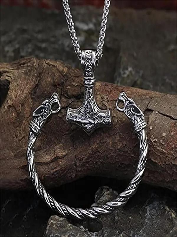 Viking Vintage Wolf Head Talisman Necklace & Bracelet Set, Nordic Hammer Pendant Necklace & Bracelet, Fashion Jewelry Set for Men & Women for Party, Daily Decor