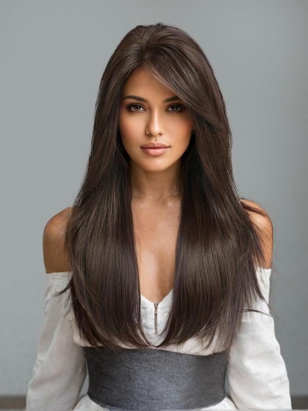 24 Inch Brown Long Straight Lace Front Wigs for Women, Natural Hairstyles Gorgeous Fluffy Layered Cut Wigs without Bangs, Synthetic Wigs for Party, Daily Use