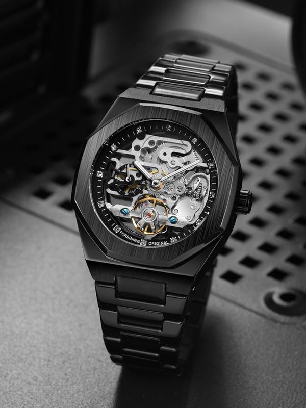 Classic Business Rhinestone Decorated Analog Mechanical Watch for Men, Fashion Luminous Hands Watch for Party, Daily Decor, Trendy Watch for Birthday Gift with Box, Fall Outfits, Fall Freshness