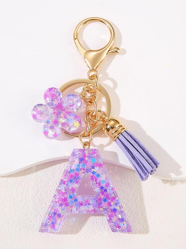 Cute Flower & Tassel Design Initial Letter Keychain, Fashionable Resin Pendant with Key Ring, Bag Backpack and Car Key Chain Hanging Charm