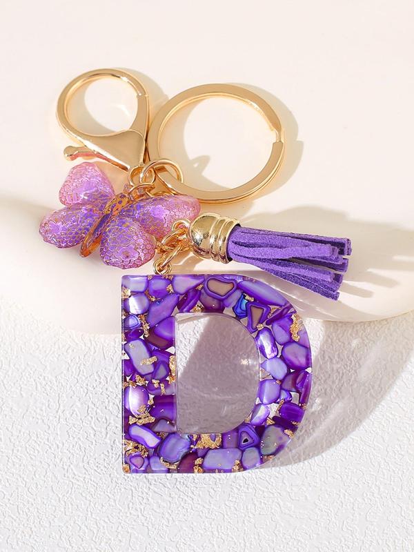 Initials & Butterfly & Fringe Design Keychain, Fashionable Purple Artificial Crystal Drop Glue Keychain for Women & Men, Trendy All-match Keychain for Birthday Gift