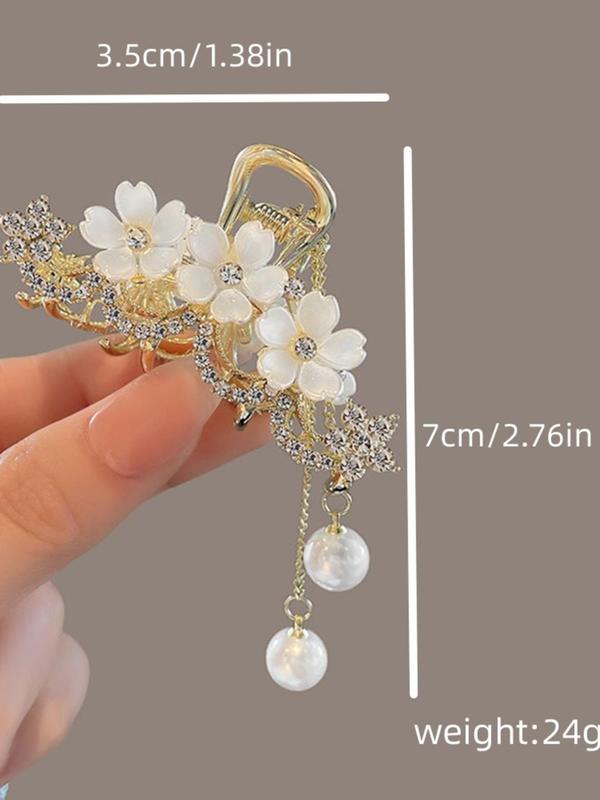 Rhinestone & Faux Pearl Decor Tassel Design Hair Claw, Flower Design Hair Claw, Chic Gorgeous Hair Accessories for Hairstyle Decor for Women & Girls