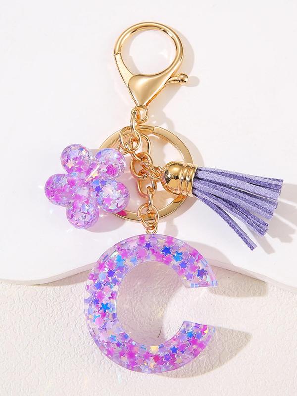 Cute Flower & Tassel Design Initial Letter Keychain, Fashionable Resin Pendant with Key Ring, Bag Backpack and Car Key Chain Hanging Charm