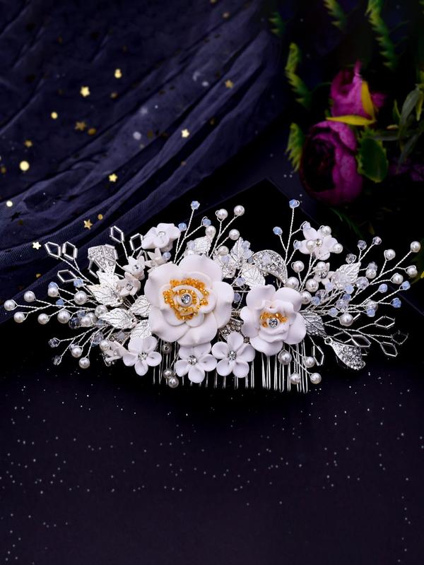 Elegant Flower Decorated Hair Comb, Fashion Rhinestone Decorated Hair Accessories for Wedding Bridal, Minimalist Headwear Suitable for Thick Hair