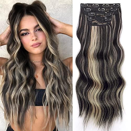 Clip in Hair Extensions Black Mix Blonde Long Hair Extensions Clip Ins Soft Synthetic Hairpieces for Women