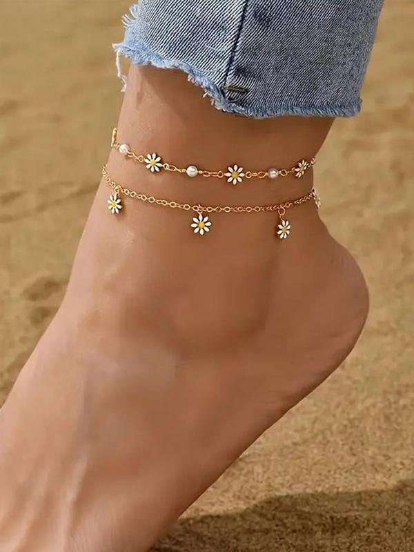 Women's Elegant Flower Design Anklet (1 Set), Fashionable and Elegant Small Daisy Anklet for Beach Party Vacation, Trendy All-match Jewelry for Women