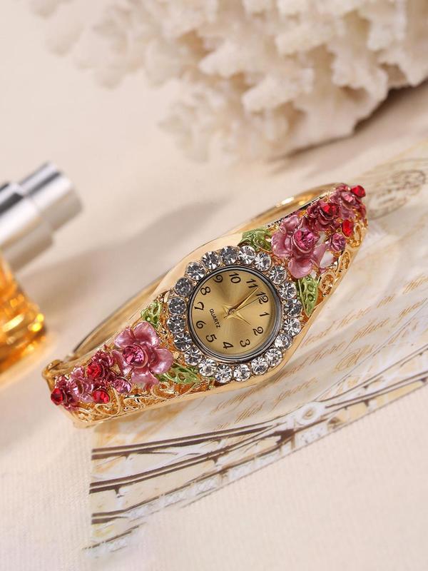 Elegant Rhinestone Inlaid Round Dial Quartz Watch & Ring, Dangle Earrings, Pendant Necklace, without Box, Trendy Exquisite Jewelry Set for Birthday Gift