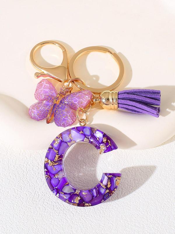 Initials & Butterfly & Fringe Design Keychain, Fashionable Purple Artificial Crystal Drop Glue Keychain for Women & Men, Trendy All-match Keychain for Birthday Gift