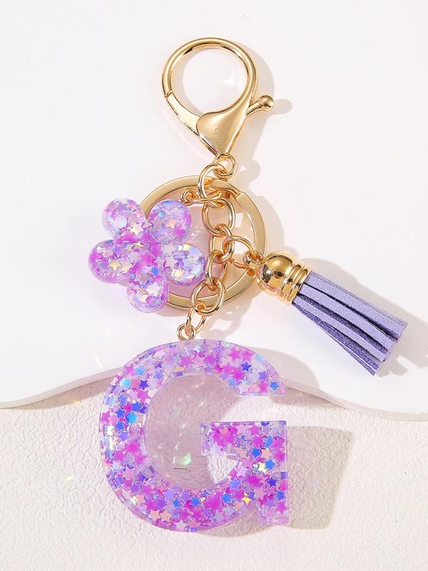 Cute Flower & Tassel Design Initial Letter Keychain, Fashionable Resin Pendant with Key Ring, Bag Backpack and Car Key Chain Hanging Charm