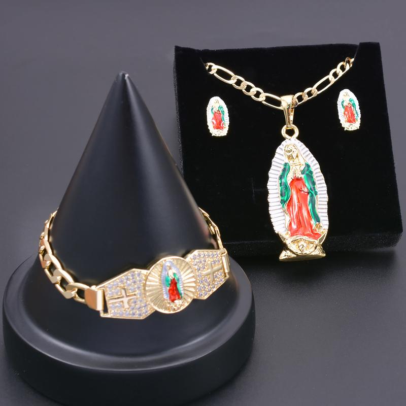 Jewelry set (bracelet + Pendant + necklace + pair of earrings) Mexican charm Guadalupe Religion Wear jewelry set, Madonna Festival celebration gifts, protect the blessing of jewelry gifts to men and women virgencita necklace