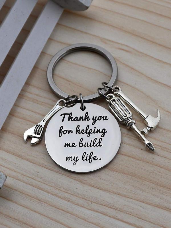 Round Shaped Letters Print Keychain with Screwdrivers & Hammer & Wrenches, Stainless Steel Keychain for Men & Women, Trendy Keychain