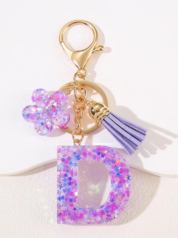 Cute Flower & Tassel Design Initial Letter Keychain, Fashionable Resin Pendant with Key Ring, Bag Backpack and Car Key Chain Hanging Charm