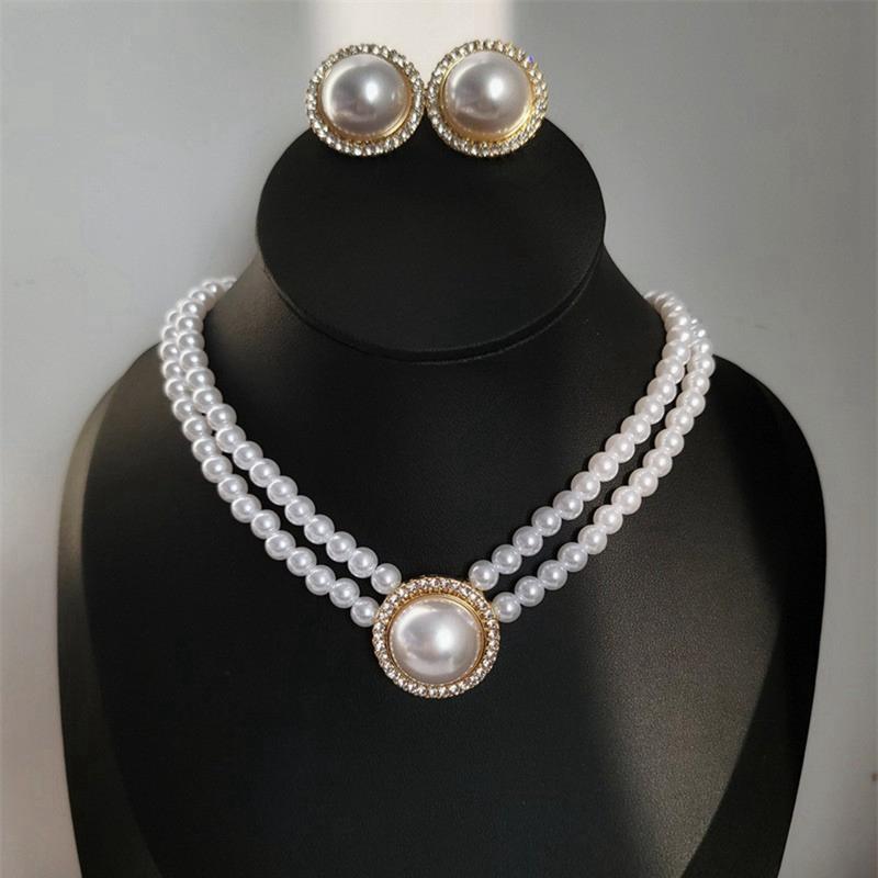 New Fashion Elegant Round Alloy Rhinestone Imitation Pearl Beaded Necklace Earring Jewelry Set Bridal Wedding Accessories