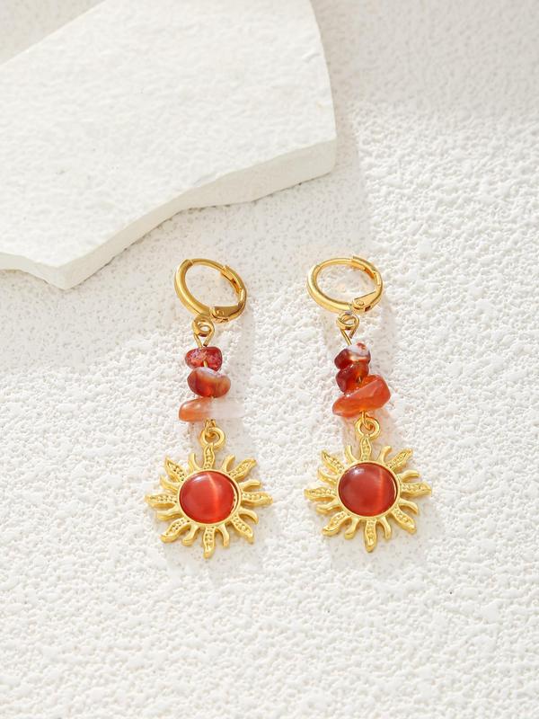 1 Pair Women's Fashion Elegant Sun Design Dangle Earrings, Vintage Stone Decor Drop Earrings For Women For Daily Party Gift