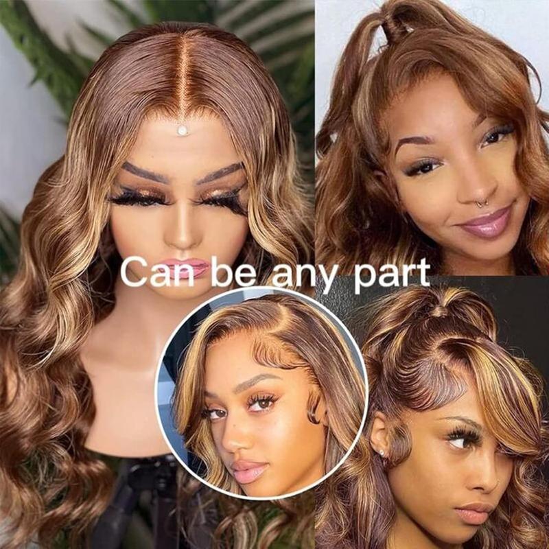 Lemoda 13x6 Full Lace Frontal Wig 180 Density Highlight Ombre 13x4 Lace Front Wig Human Hair Body Wave Transparent Lace Pre Plucked Honey Blonde Human Hair Wigs for Women P4 27 Color