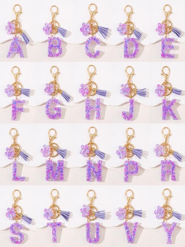 Cute Flower & Tassel Design Initial Letter Keychain, Fashionable Resin Pendant with Key Ring, Bag Backpack and Car Key Chain Hanging Charm