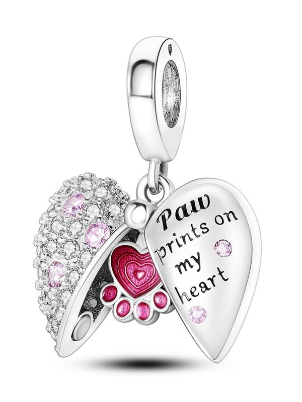 Cute Heart & Letter Design Pendant, Paw Print Rhinestone Decor Opening and Closing Pendant, Fashionable Jewelry for Women & Girls