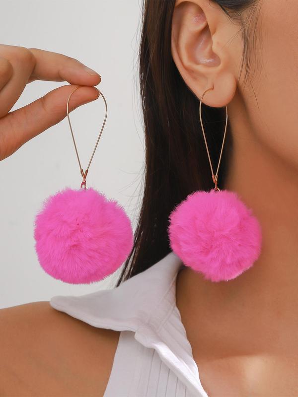 Cute Spherical Decor Summer Dangle Earrings for Galentine's Party Style, Personalized Geometric Design Plush Pom Long Drop Earrings, Retro Fashion Accessories for Summer Evening Party, Gifts for Women and Girls