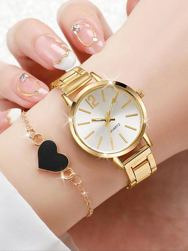 Women's Elegant Fashion Round Dial Quartz Watch & Heart Charm Bracelet Without Box, Fashion Watch Set for Party, Daily Decor, Trendy All-match & Exquisite Watch Set for Birthday Gift