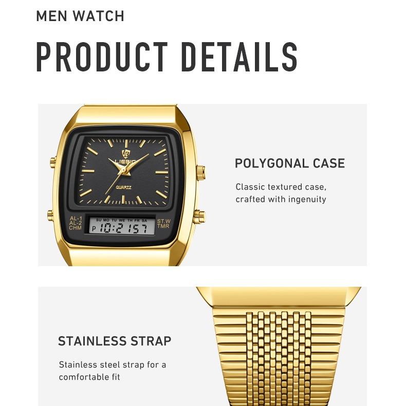 [Livestream Deal] Liebig Retro - Gold Dual Display Quartz Stainless Steel Wristwatch for Men