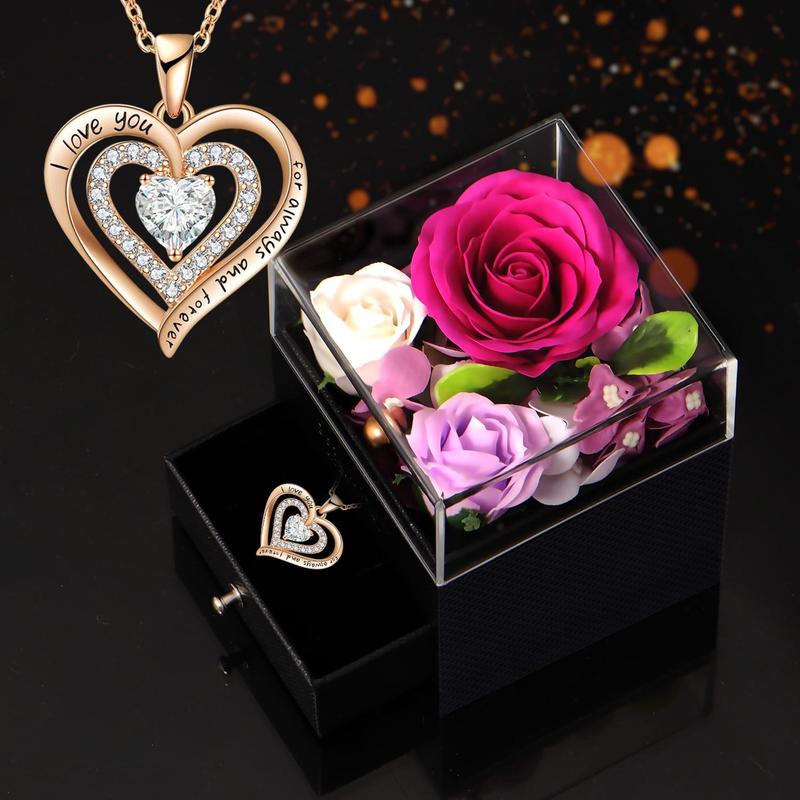 Valentine's Day Rose Box 1 Set , Necklace with Soap Pendant, Flower Box, Bride Gift, Rose Gift for Mom, Wife, Girlfriend, Her on Christmas Anniversary, Birthday Present for Women