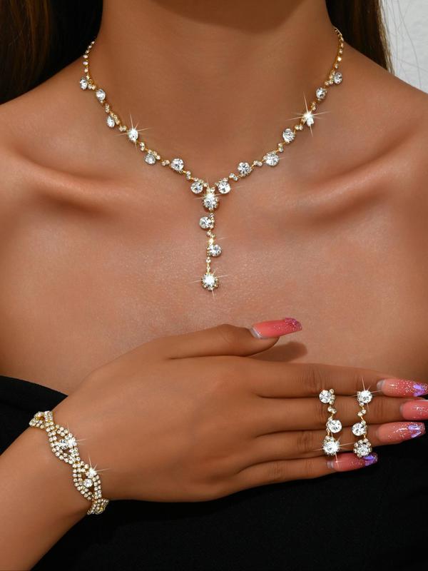 Women's Elegant Rhinestone Decorated Necklace & Bracelet & Earrings, Exquisite Trendy Jewelry Set, Fashionable Accessories for Party & Daily Clothing Decor