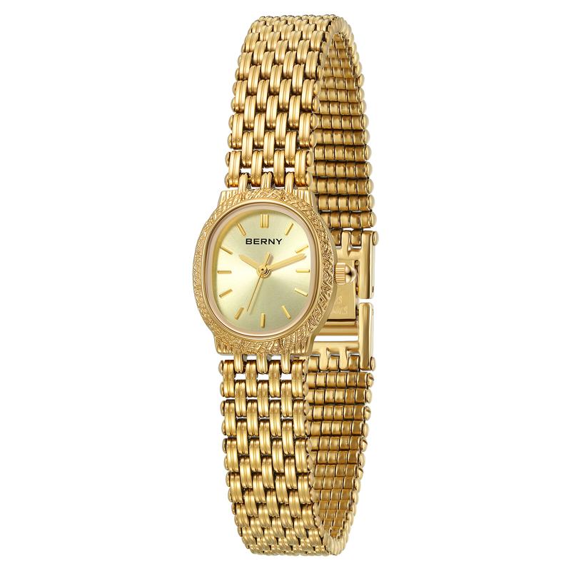 BERNY Gold Watch for Women Vintage Dainty Bracelet Watch All Stainless Steel Ladies Mini Quartz Wristwatch Tiny Fashion 3ATM Waterproof Old Money Reloj Dorado Classy Gold Watch