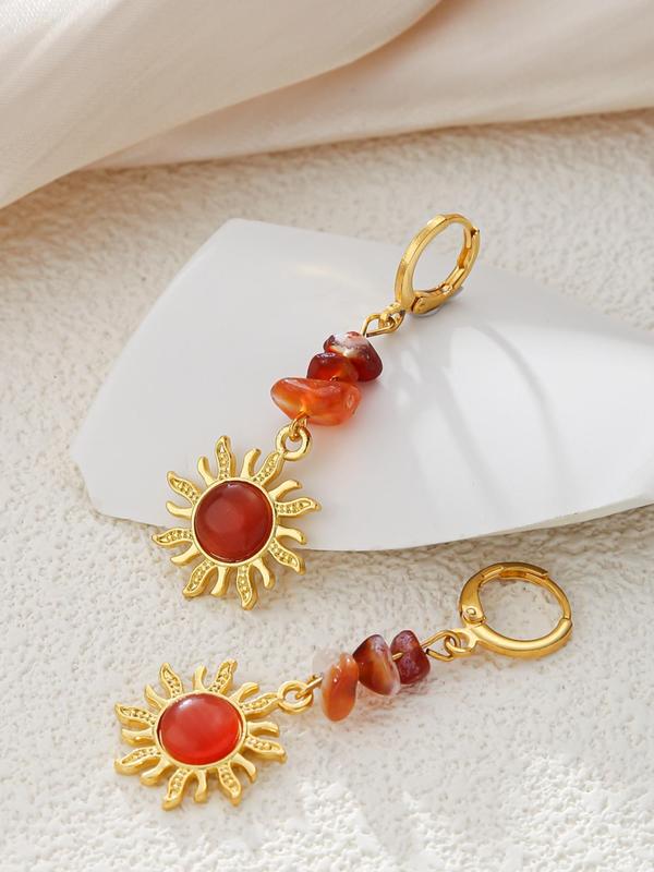 1 Pair Women's Fashion Elegant Sun Design Dangle Earrings, Vintage Stone Decor Drop Earrings For Women For Daily Party Gift