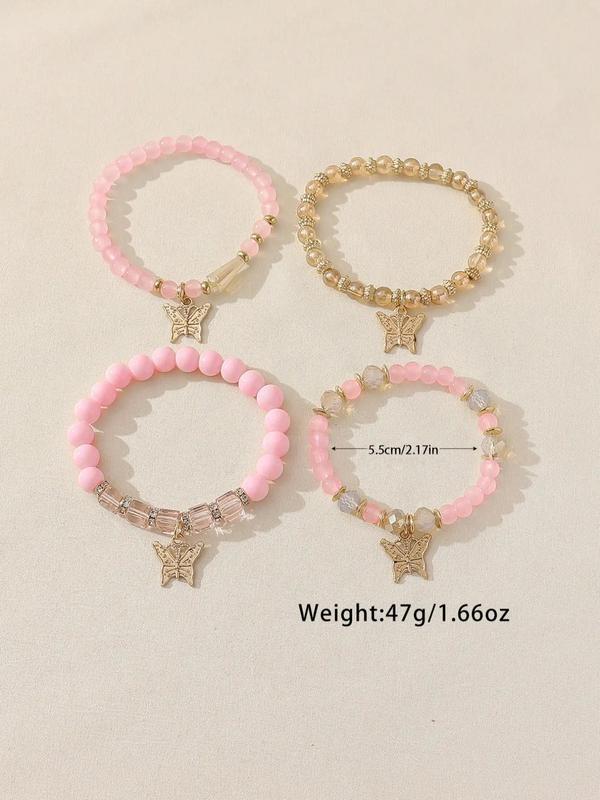 Boho Style Butterfly Charm Beaded Bracelet Bundles Kit, Unisex Couple 4pcs 2024 Trendy Stack Bracelet, Elegant Matching Jewelry for Girls Gift, Female Classic Fashion Accessories for Daily Vacation Beach Travel Wear