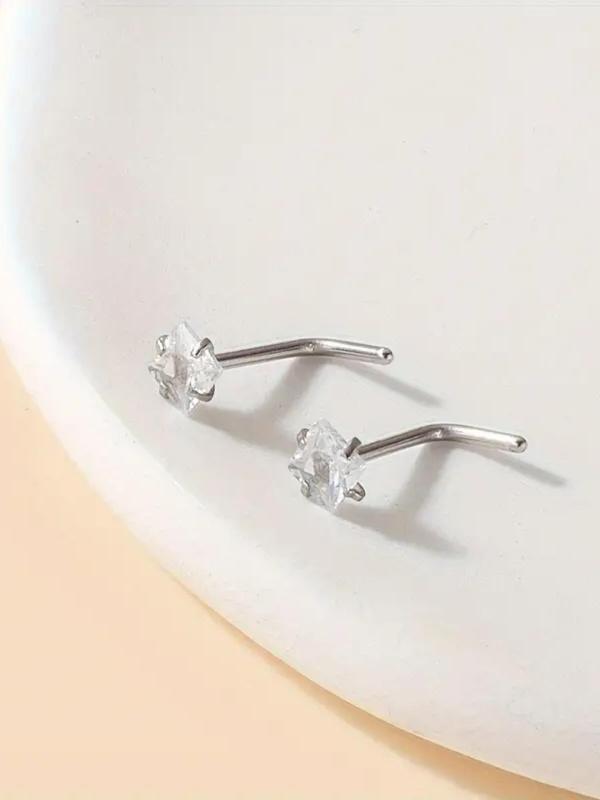 Minimalist Style Stainless Steel Nose Ring, Square Rhinestone Decor L Shaped Nose Ring, Nose Studs, Nostril Piercing Jewelry, Creative Punk Jewelry