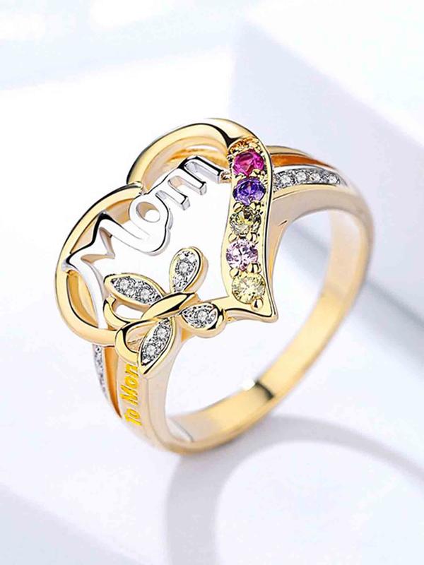 Women's Elegant Heart & Butterfly Design Rhinestone Decor Ring, Trendy Letters Design Ring, Stylish Vintage Jewelry As Gift