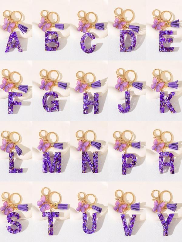 Initials & Butterfly & Fringe Design Keychain, Fashionable Purple Artificial Crystal Drop Glue Keychain for Women & Men, Trendy All-match Keychain for Birthday Gift