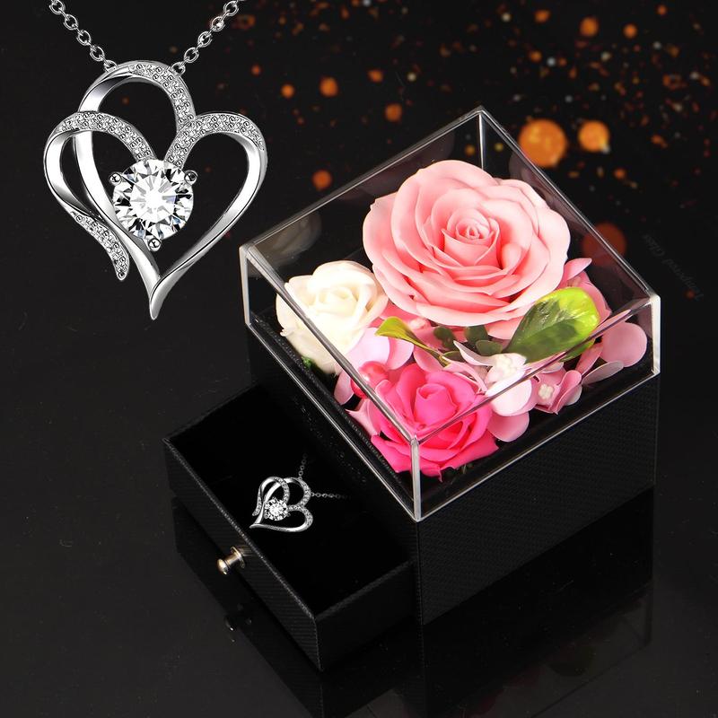 Valentine's Day Rose Box 1 Set , Necklace with Soap Pendant, Flower Box, Bride Gift, Rose Gift for Mom, Wife, Girlfriend, Her on Christmas Anniversary, Birthday Present for Women